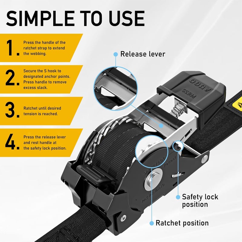 AUGO Self-Locking Retractable Ratchet Straps | 2 Heavy Duty Self-Tensioning Retractable Tie Down Straps with Soft Loops & Storage Bag | for Motorcycle, Truck, Cargo | 1500Lb Break Strength 1” x 12’ - Image 5